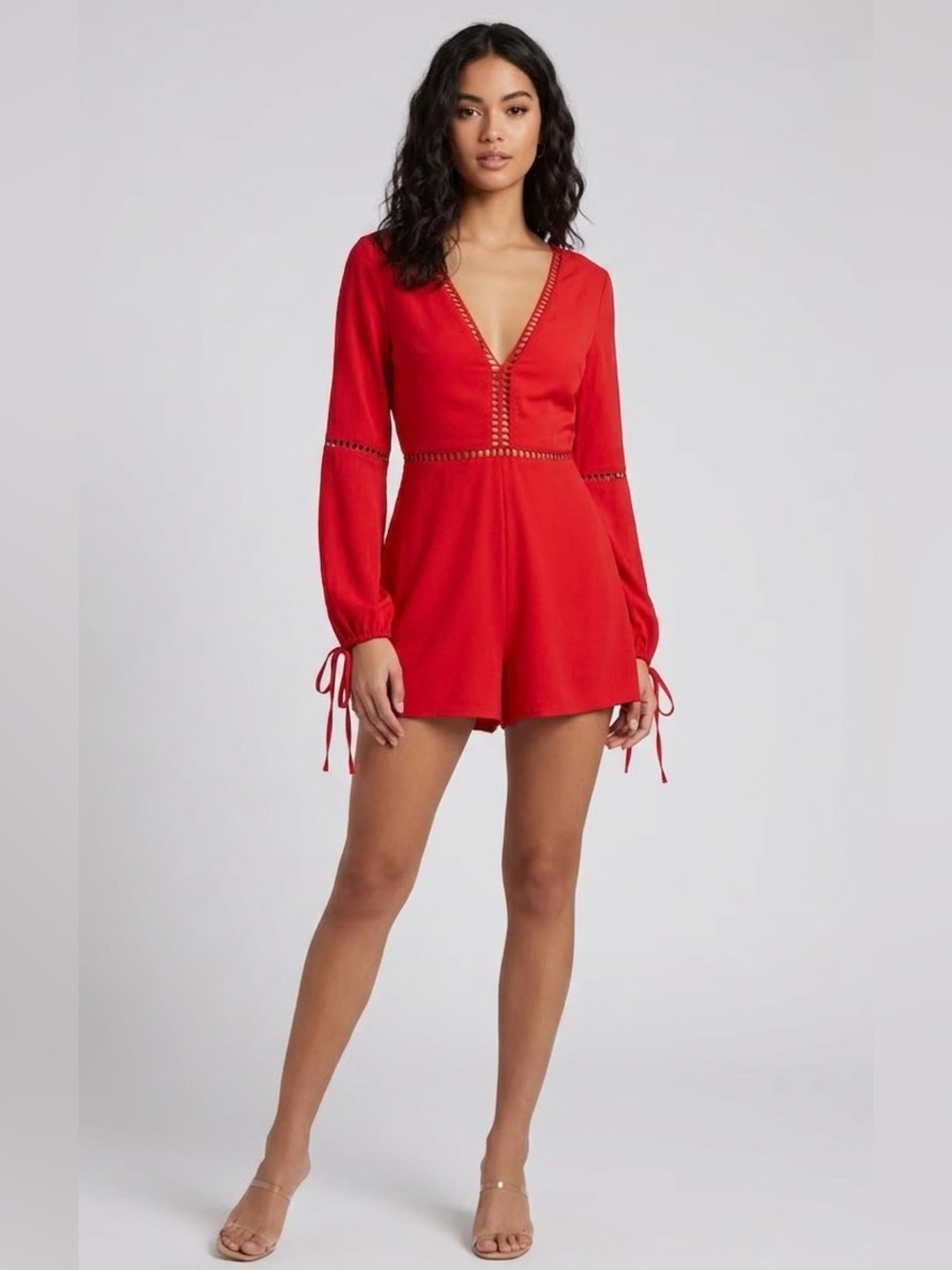 Red V-Neck Long Sleeve Romper with Double Lined Shorts